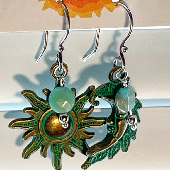 Faceted Moss Opal with Celestial Sun and Moon - Patina charm Earrings - Picture 1 of 5